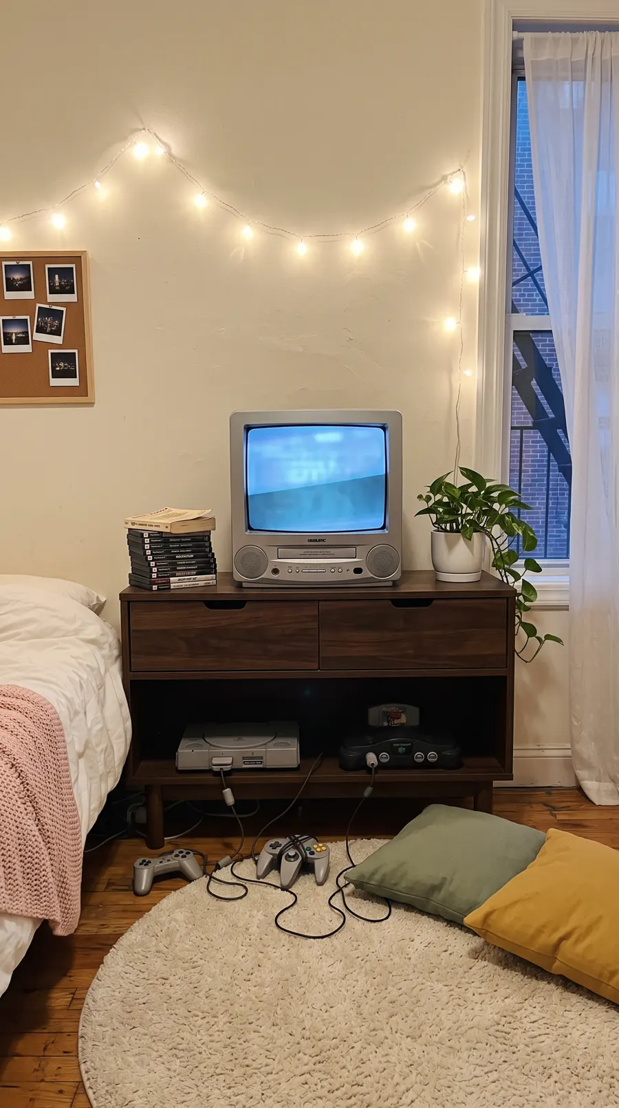 a small new york bedroom with an old silver tube tv, two 90s consoles, fairy lights and a fire escape outside the window